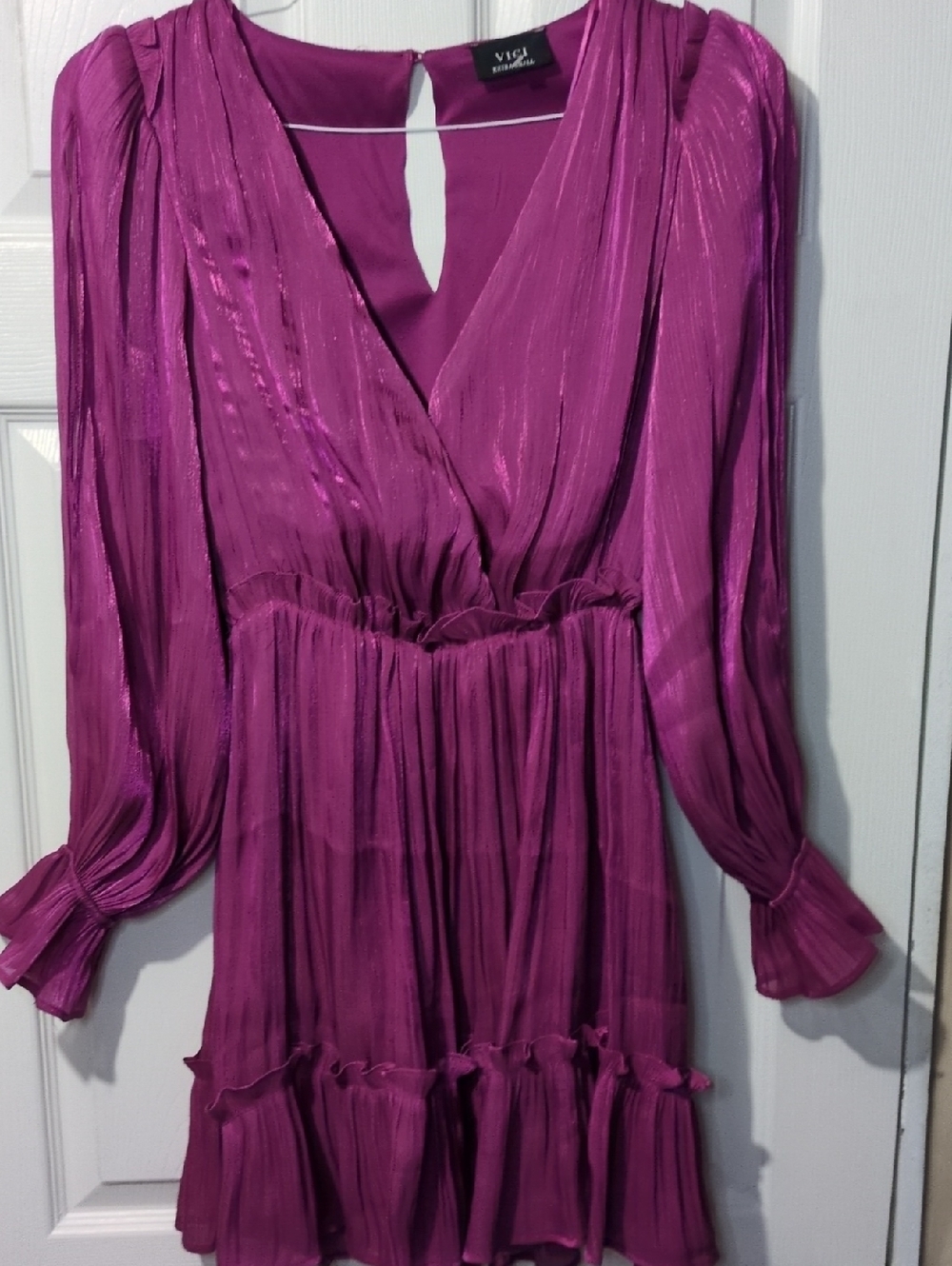 Vici Magenta Fuschia Metallic Pleated Surplice Long Sleeve Ruffle Mini Dress XS